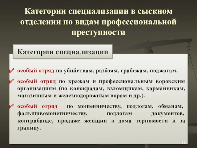 Категории специализации в сыскном отделении по видам профессиональной преступности особый