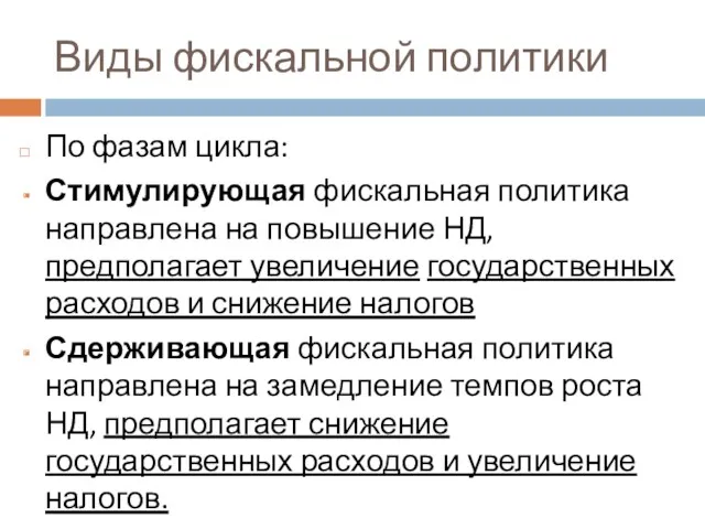 Виды фискальной политики По фазам цикла: Стимулирующая фискальная политика направлена