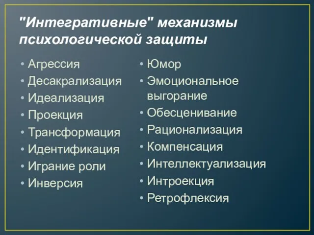 "Интегративные" механизмы психологической защиты Агрессия Десакрализация Идеализация Проекция Трансформация Идентификация