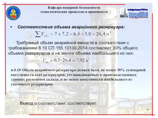 Соответствие объема аварийного резервуара: Требуемый объем аварийной емкости в соответствии