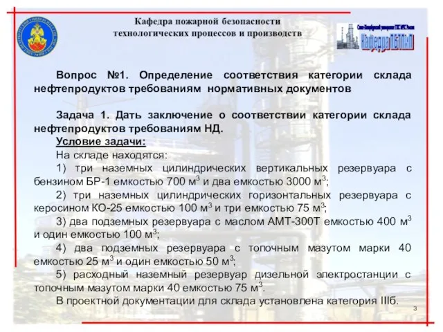 Вопрос №1. Определение соответствия категории склада нефтепродуктов требованиям нормативных документов