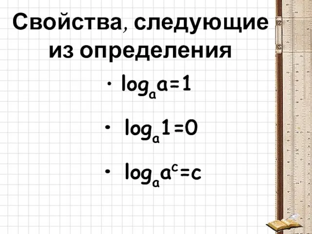 Свойства, следующие из определения logaa=1 loga1=0 logaac=c