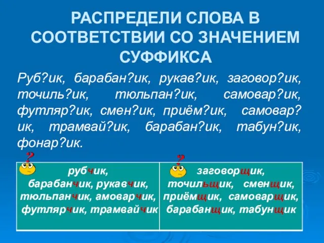 РАСПРЕДЕЛИ СЛОВА В СООТВЕТСТВИИ СО ЗНАЧЕНИЕМ СУФФИКСА Руб?ик, барабан?ик, рукав?ик,