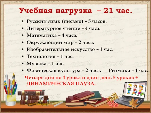 Учебная нагрузка – 21 час. Русский язык (письмо) – 5 часов. Литературное чтение