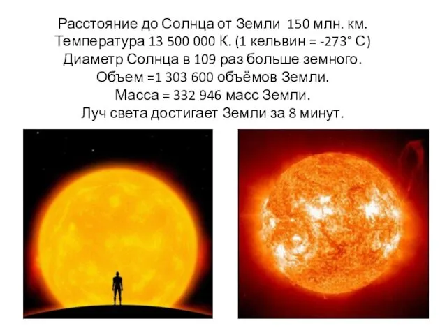 Расстояние до Солнца от Земли 150 млн. км. Температура 13