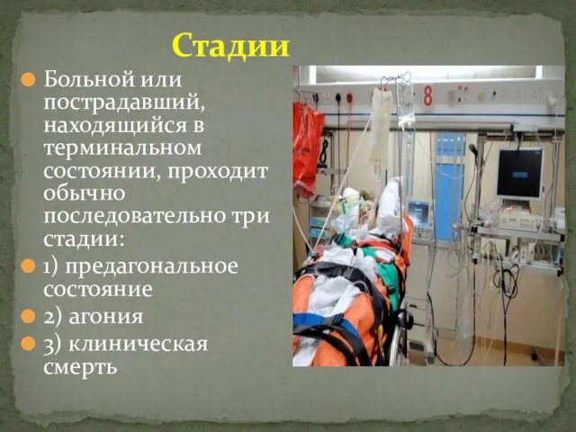 Стадии Больной или пострадавший, находящийся в терминальном состоянии, проходит обычно