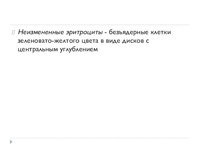 Неизмененные эритроциты - безъядерные клетки зеленовато-желтого цвета в виде дисков с центральным углублением