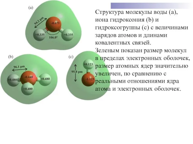 Структура молекулы воды (а), иона гидроксония (b) и гидроксогруппы (с)