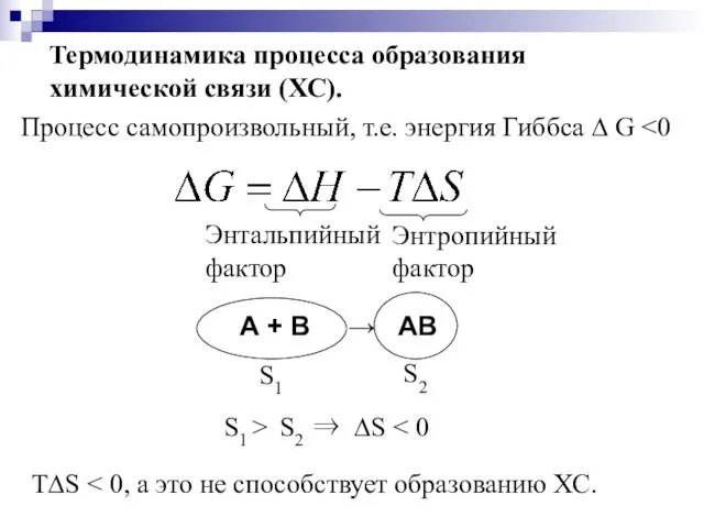 Термодинамика процесса образования химической связи (ХС). Энтальпийный фактор Энтропийный фактор