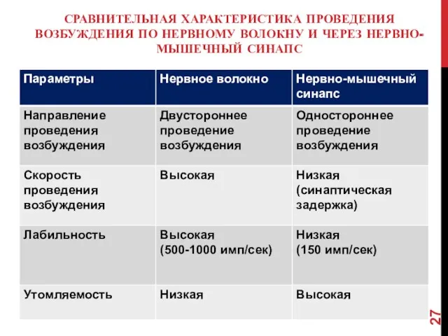 СРАВНИТЕЛЬНАЯ ХАРАКТЕРИСТИКА ПРОВЕДЕНИЯ ВОЗБУЖДЕНИЯ ПО НЕРВНОМУ ВОЛОКНУ И ЧЕРЕЗ НЕРВНО-МЫШЕЧНЫЙ СИНАПС