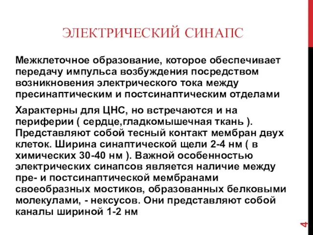 ЭЛЕКТРИЧЕСКИЙ СИНАПС Межклеточное образование, которое обеспечивает передачу импульса возбуждения посредством