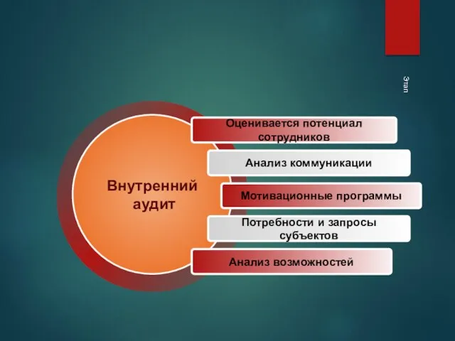 Этап Внутренний аудит Оценивается потенциал сотрудников Анализ коммуникации Мотивационные программы Потребности и запросы субъектов Анализ возможностей