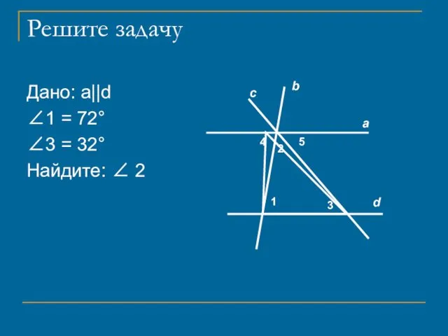 Решите задачу Дано: а||d ∠1 = 72° ∠3 = 32°