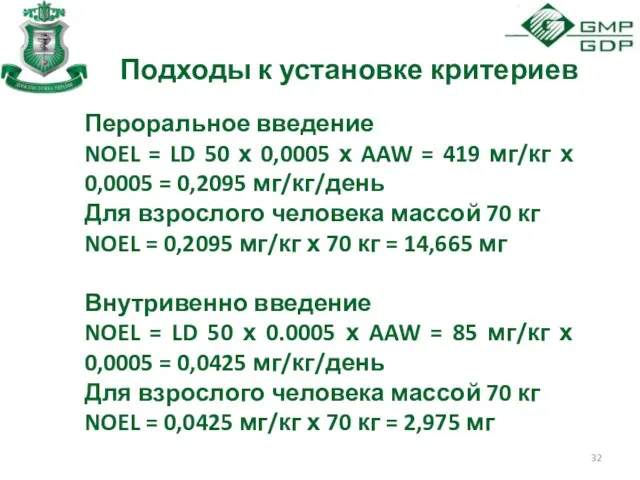 Подходы к установке критериев Пероральное введение NOEL = LD 50