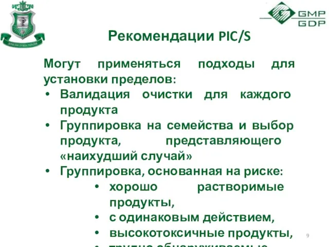 Рекомендации PIC/S Могут применяться подходы для установки пределов: Валидация очистки