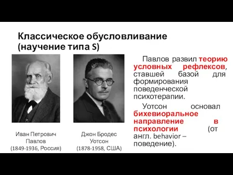 Классическое обусловливание (научение типа S) Иван Петрович Павлов (1849-1936, Россия) Джон Бродес Уотсон