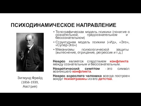 ПСИХОДИНАМИЧЕСКОЕ НАПРАВЛЕНИЕ Топографическая модель психики (понятие о сознательной, предсознательном и