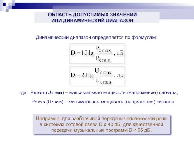 Динамический диапазон определяется по формулам: где Pc max (Uc max)