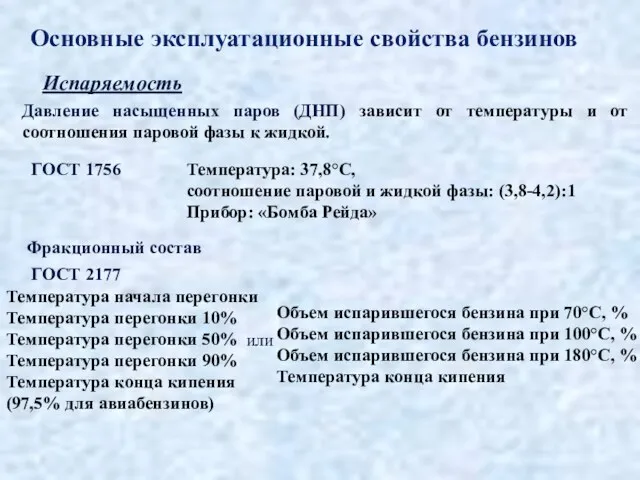 Основные эксплуатационные свойства бензинов Испаряемость Давление насыщенных паров (ДНП) зависит