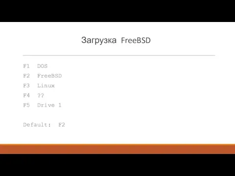 Загрузка FreeBSD F1 DOS F2 FreeBSD F3 Linux F4 ?? F5 Drive 1 Default: F2