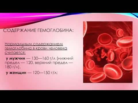 СОДЕРЖАНИЕ ГЕМОГЛОБИНА: Нормальным содержанием гемоглобина в крови человека считается: у мужчин — 130—160