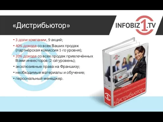 «Дистрибьютор» 3 доли компании, 9 акций; 40% дохода со всех Ваших продаж (партнёрская