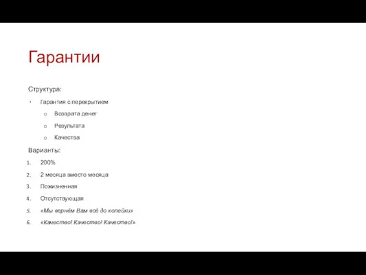 Гарантии Структура: Гарантия с перекрытием Возврата денег Результата Качества Варианты: