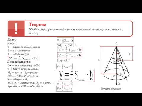 Теорема Объём конуса равен одной трети произведения площади основания на