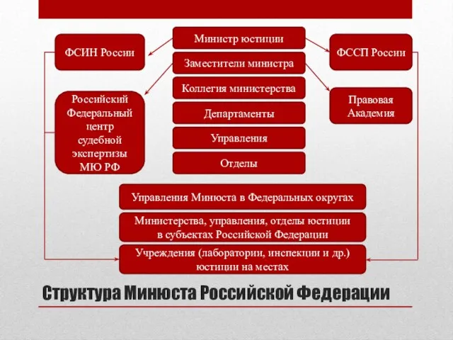 Структура Минюста Российской Федерации Министр юстиции Заместители министра Коллегия министерства