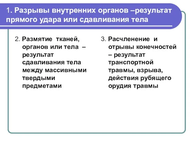 1. Разрывы внутренних органов –результат прямого удара или сдавливания тела