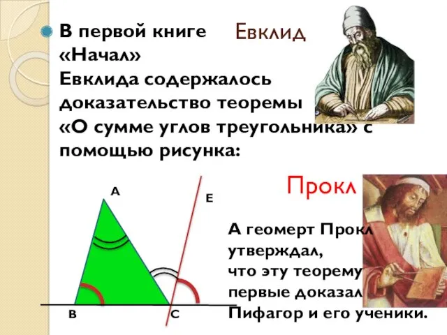 Евклид В первой книге «Начал» Евклида содержалось доказательство теоремы «О сумме углов треугольника»