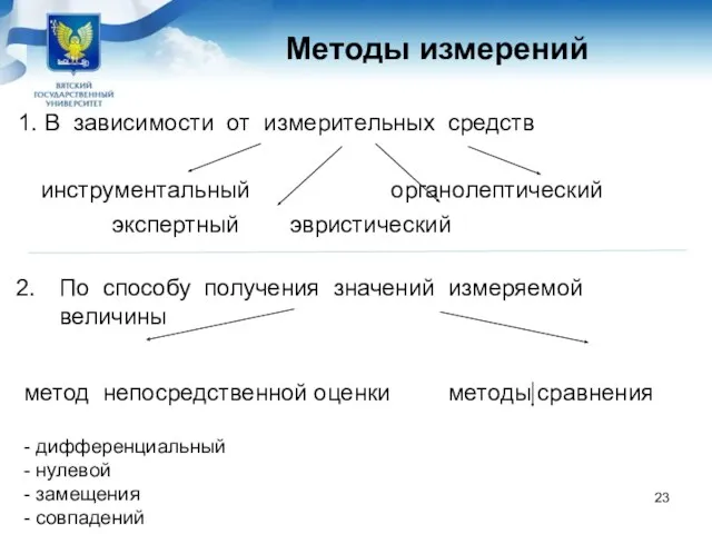 Методы измерений 1. В зависимости от измерительных средств инструментальный органолептический экспертный эвристический По