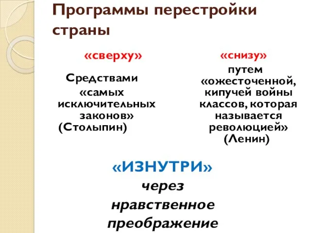 Программы перестройки страны «сверху» Средствами «самых исключительных законов» (Столыпин) «снизу» путем «ожесточенной, кипучей