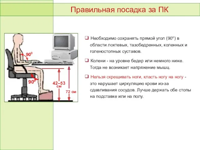 Правильная посадка за ПК ❑ Необходимо сохранять прямой угол (90о)