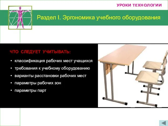 УРОКИ ТЕХНОЛОГИИ... ЧТО СЛЕДУЕТ УЧИТЫВАТЬ: классификация рабочих мест учащихся требования