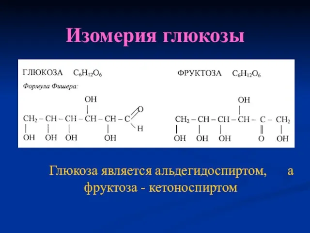 Изомерия глюкозы Глюкоза является альдегидоспиртом, а фруктоза - кетоноспиртом