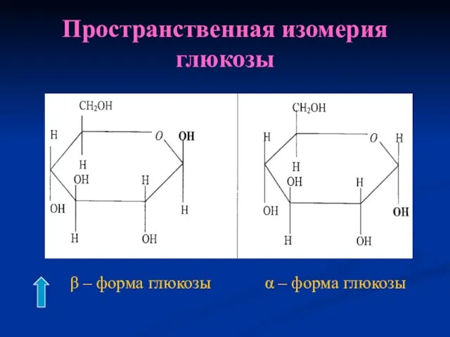 Пространственная изомерия глюкозы β – форма глюкозы α – форма глюкозы