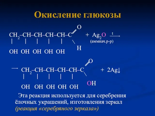 Окисление глюкозы O СН2–СН–СН–СН–СН–С + Ag2O t │ │ │