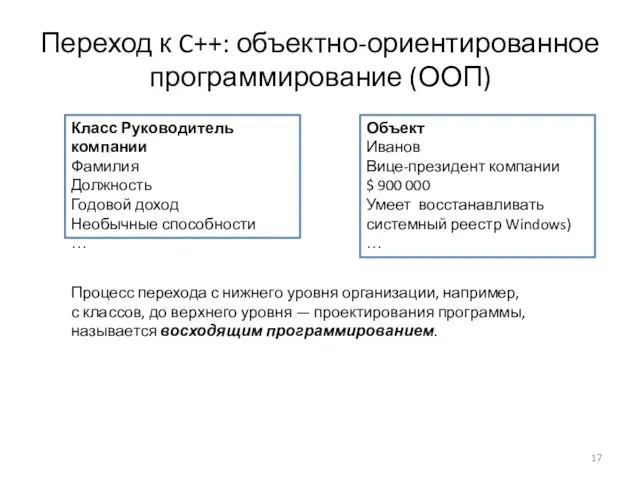 Переход к C++: объектно-ориентированное программирование (ООП) Класс Руководитель компании Фамилия