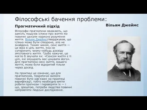 Філософські бачення проблеми: Прагматичний підхід Філософи-прагматики вважають, що замість пошуків