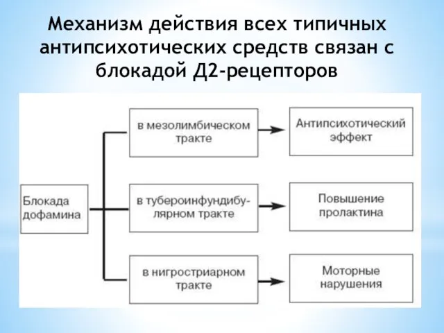 Механизм действия всех типичных антипсихотических средств связан с блокадой Д2-рецепторов