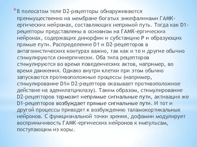 В полосатом теле D2-рецепторы обнаруживаются преимущественно на мембране богатых энкефалинами