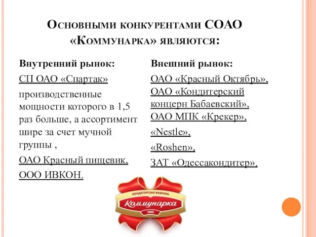 Основными конкурентами СОАО «Коммунарка» являются: Внутренний рынок: СП ОАО «Спартак»