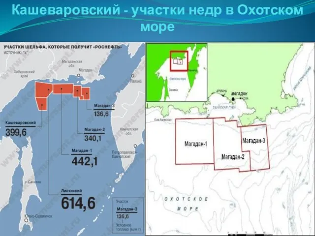 Магадан 1, Магадан 2, Магадан 3, Лисянский и Кашеваровский - участки недр в Охотском море