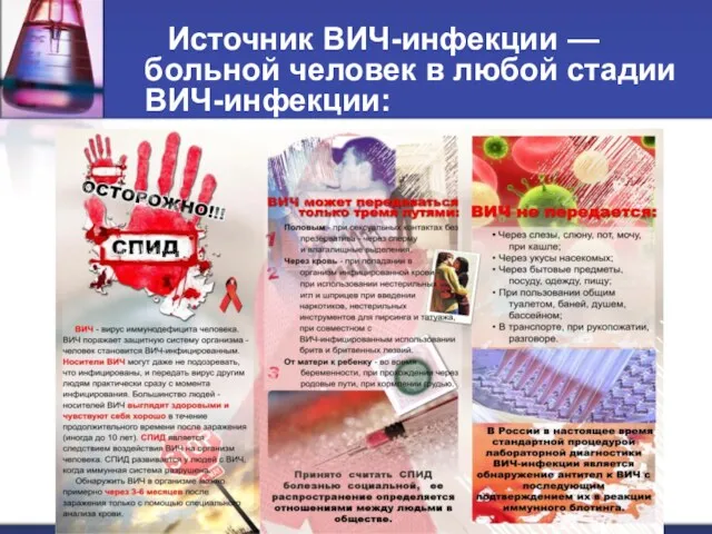 Источник ВИЧ-инфекции — больной человек в любой стадии ВИЧ-инфекции: