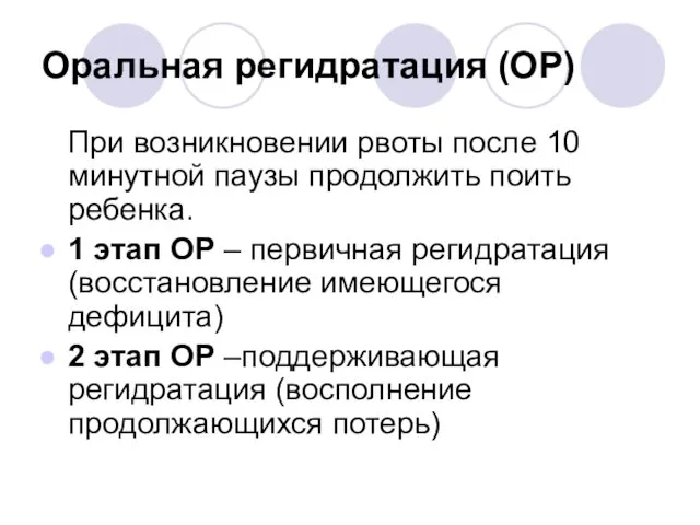 Оральная регидратация (ОР) При возникновении рвоты после 10 минутной паузы