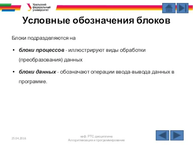 Условные обозначения блоков Блоки подразделяются на блоки процессов - иллюстрируют