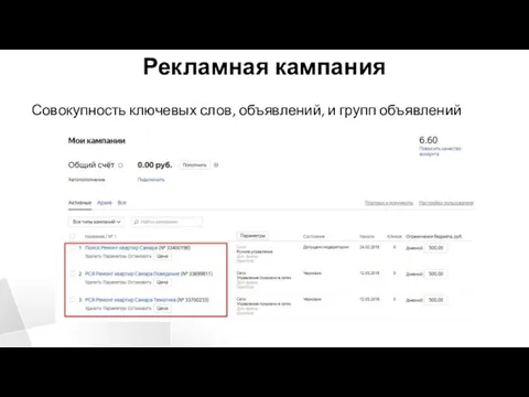 Рекламная кампания Совокупность ключевых слов, объявлений, и групп объявлений