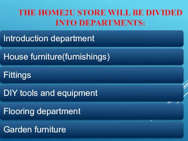 THE HOME2U STORE WILL BE DIVIDED INTO DEPARTMENTS: