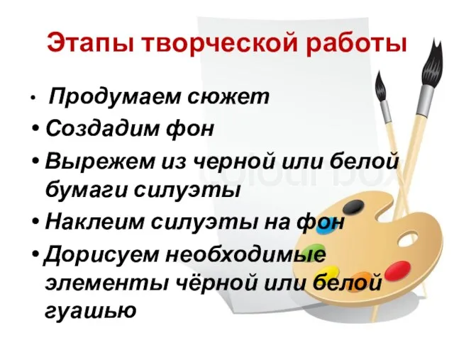 Этапы творческой работы Продумаем сюжет Создадим фон Вырежем из черной или белой бумаги